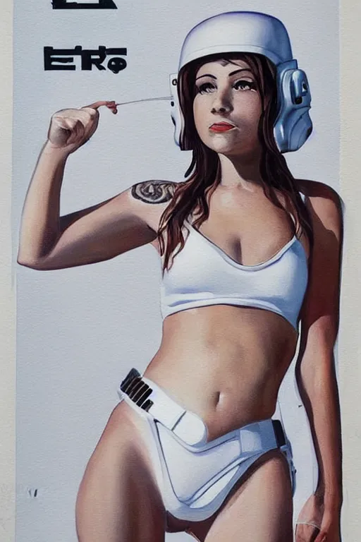 Image similar to female in white bikini with tattoos and stormtrooper helmet, well composed, clean elegant painting, beautiful detailed face. 6 0 s style advertising