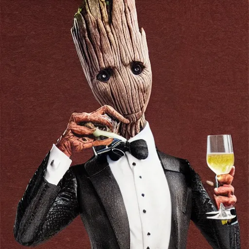 Image similar to realistic groot as a gentleman wearing tuxedo drinking wine, 1 0 0 mm, trending on artstation, behance, photorealistic, movie shot, studio lighting, 8 k