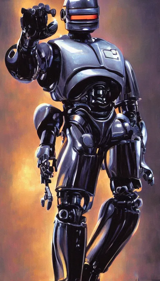 Image similar to robocop, oil painting, rim lighting, by jeff smith