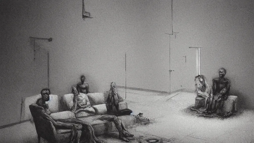 Image similar to creepy mental hospital, medicated patients watching TV by Zdzislaw Beksinski, Ivan Seal, Leyland Kirby