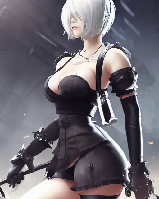 Prompt: Beautiful full body portrait of 2b, nier automata wearing short clothes, cinematic 8k, high detailed