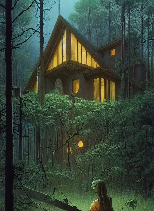 Image similar to hyper realistic witchy modern house with mood lighting and technology in the woods gorgeous lighting, blue sky, highly detailed, lush forest foliage painting by zdzisław beksinski and norman rockwell and greg rutkowski weta studio, and lucasfilm