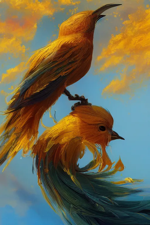 Prompt: oil painting, ancient chinese goddess, golden sun bird, sunlit, paint texture, digital painting, highly detailed, artstation, sharp focus, illustration, concept art