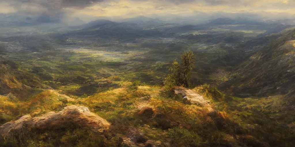 Image similar to a breathtaking landscape from a hilltop, cinematic lighting, detailed oil painting, hyperrealistic, 8k