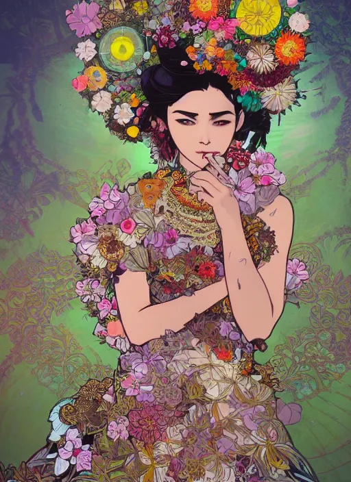 Image similar to !!! very coherent!!! photograph, beautiful floralpunk balinese cyborg portrait girl female photography, detailed patterns art of bali traditional dress, flower pop art, floral splash painting, art by ashley wood, alphonse mucha, makoto shinkai, geof darrow, dark shadow