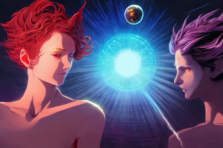 Prompt: summoner of mythical creatures fighting against the outer gods. floating planets on the background, box office hit, fantasy, cosmic horror, unreal engine, intricate, highly detailed 8 k, extremely beautiful and aesthetic shape of face and body, art by hiroaki samura and ilya kuvshinov and ossdraws