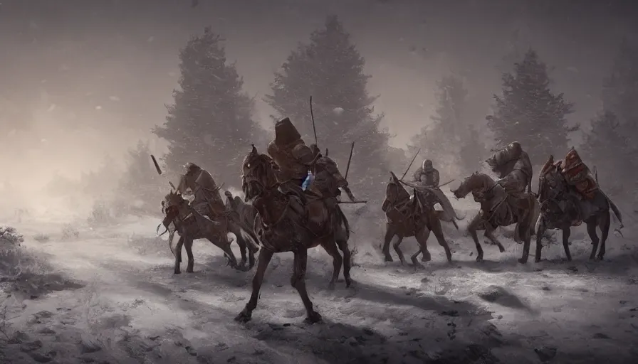 Prompt: four knights fighting in the old foggy village near a well, one knight in the foreground, three knight in the middleground, painted in the style of stepan alekseev chosac, winter, dark atmosphere, highly detailed, uplight, 8k, unreal engine, octane rendered, wow