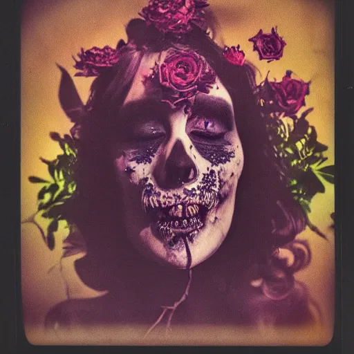 Image similar to a beautiful detailed front view portrait of a rotten woman corpse with fractal plants and fractal flowers growing around, volumetric light, beautiful lit, polaroid photography