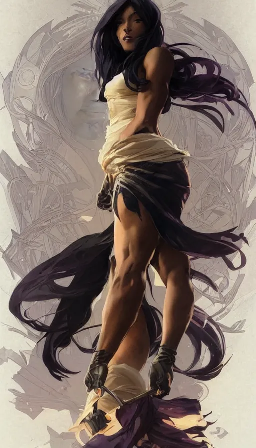 Image similar to yoruichi shihouin by artgerm, greg rutkowski and alphonse mucha, concept art, matte, intricate, full body, epic composition