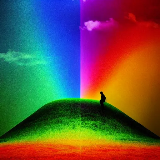 Prompt: a man standing on top of a hill under a rainbow, a matte painting by Gabriel Dawe, trending on pexels, psychedelic art, iridescent, sense of awe, psychedelic