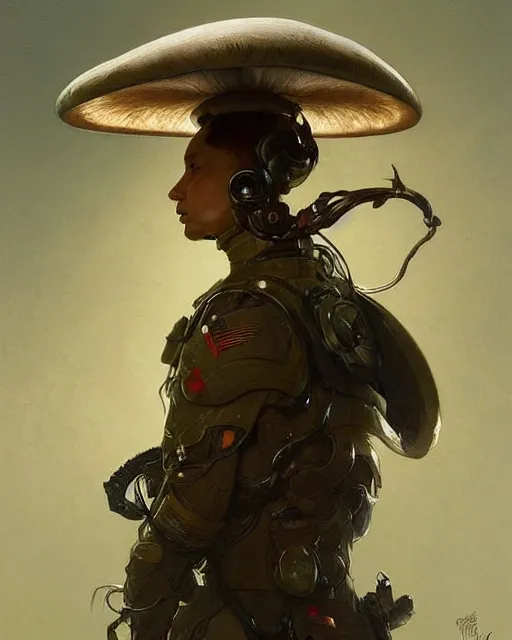 Image similar to portrait of a mushroom!!!!!!!!!!! ( ( ( ( humanoid ) ) ) ) wearing a formal military outfit, science fantasy painting, elegant intricate digital painting artstation, greg rutkowski and alphonse mucha, detailed