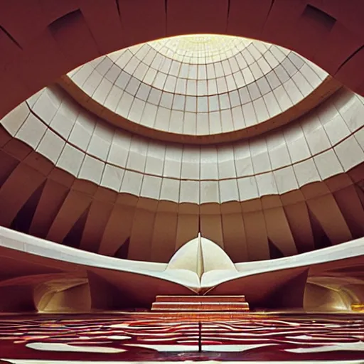 Image similar to interior of a futuristic lotus temple with gold, red and white marble panels, in the desert, by buckminster fuller and syd mead, intricate contemporary architecture, photo journalism, photography, cinematic, national geographic photoshoot