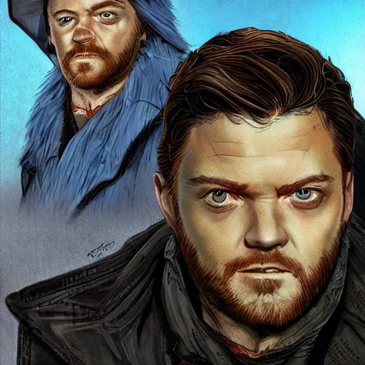 Prompt: beautiful portrait of a man with a short-beard blue eyes(looking like joshua jackson and aaron paul, sean bean), in the style of Enki Bilal and Joe Jusko and Alex Ross, backlit, trending on artstation