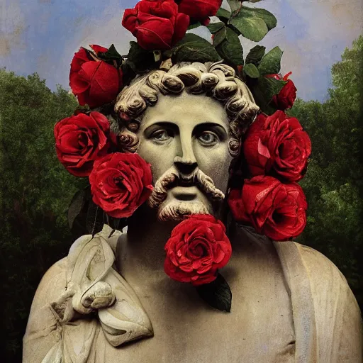 Image similar to portrait of a greek statue covered in roses, by julia pott