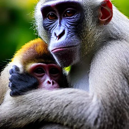 Image similar to Monkey nitpicking hair on human, photograph, relaxing photo