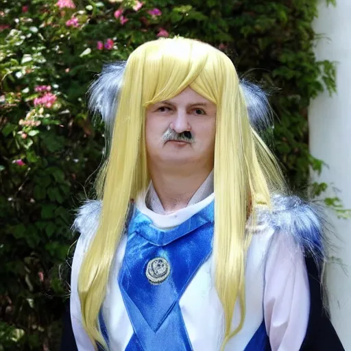 Prompt: alexander lukashenko wearing blonde longhaired wig in kawaii cosplay dress,