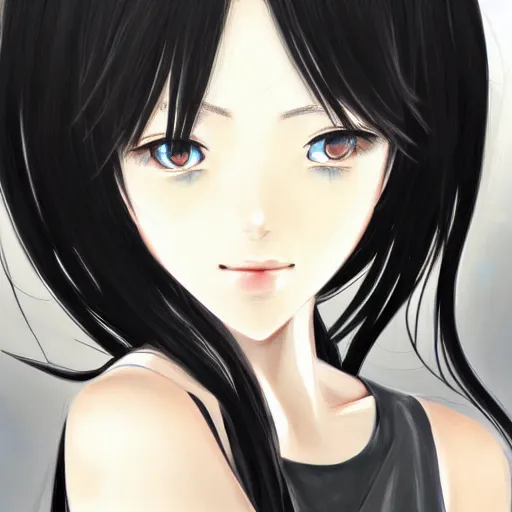 Image similar to portrait of beautiful anime girl, black hair, attractive, casual, modern, highly detailed, digital painting, illustration, art by rei