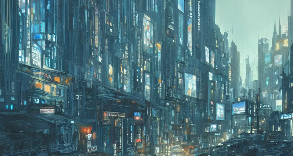 Image similar to a super detailed beautiful painting of a city by shaddy safadi, 8 k, blue hue, warm lighting, cyberpunk trending on artstation