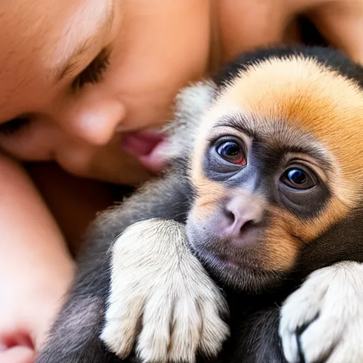 Prompt: Photograph of a puppy cuddling with a baby and a monkey