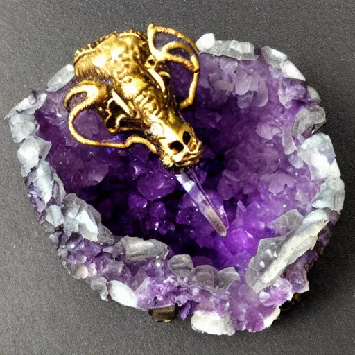 Prompt: dragon skeleton in an amethyst geode (((in an amethyst geode)))