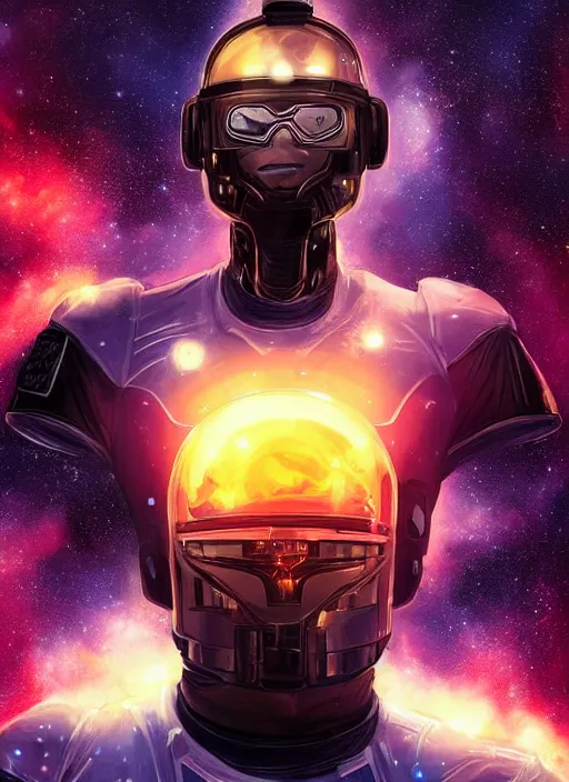 Prompt: handsome black man in an advanced spacesuit in front of exploding nebulae halos, digital illustration trending on artstation by artgerm and rutkowski