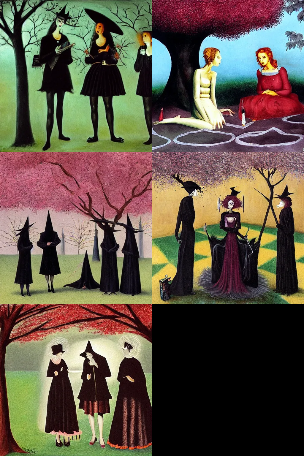 Prompt: an hd painting by remedios varo. three goths loitering in the shade, talking beneath a cherry tree outside a blockbuster video store.