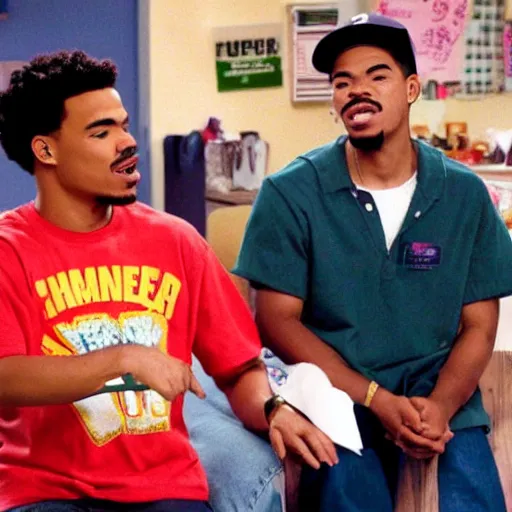 Image similar to a tv still of Chance The Rapper starring as a black college student at Jones College Prep in a 1993 sitcom