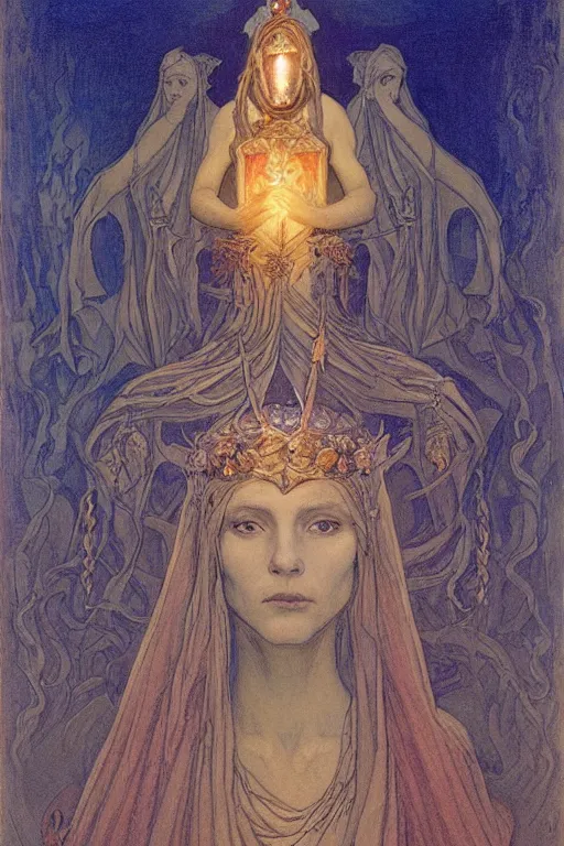 Image similar to queen of the underworld with her lantern by Annie Swynnerton and Nicholas Roerich and jean delville, strong dramatic cinematic lighting , ornate headdress , flowing robes, lost civilizations, smooth, sharp focus, extremely detailed