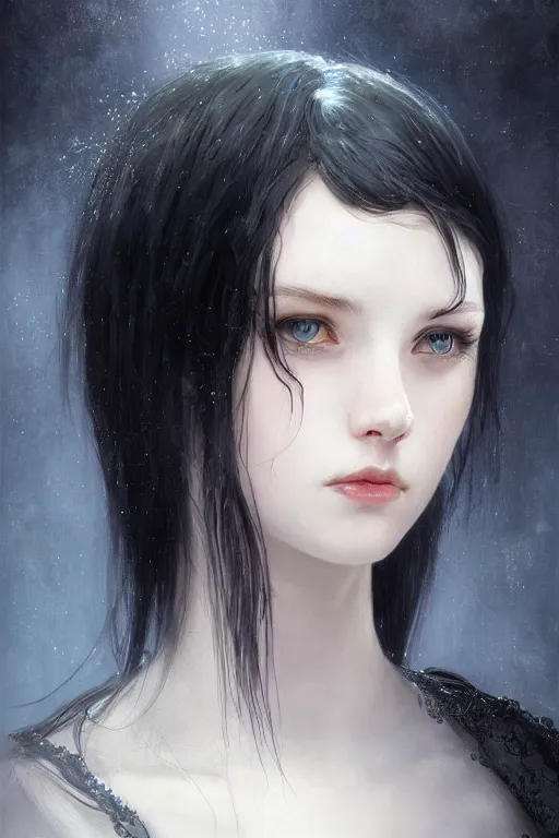 Image similar to portrait of teenage girl with glossy black hair, blue eyes, glowing porcelain skin, fashion model features, dark fantasy, dark academia, intricate, elegant, black dress, highly detailed, digital painting, artstation, concept art, smooth, sharp focus, illustration, art by Krenz Cushart and Artem Demura and alphonse mucha