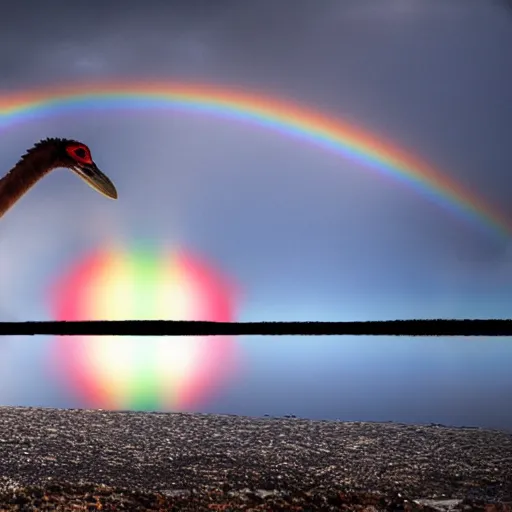 Prompt: a picture of a red ostrich bathing in shallow water with a rainbow in the background
