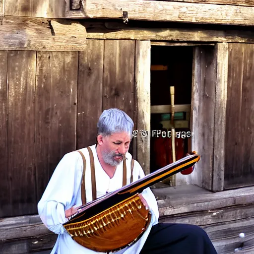 Image similar to a medieval bard singing in a wooden stage in the middle of an old wooden town with his hurdy - gurdy. smoke explosion around him. mid day light. medieval market fest.