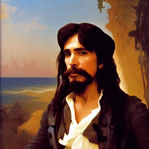 Prompt: Painting of Davy Jones from Pirates of the Caribbean. Art by William Adolphe b Bouguereau. During golden hour. Extremely detailed. Beautiful. 4K. Award winning.