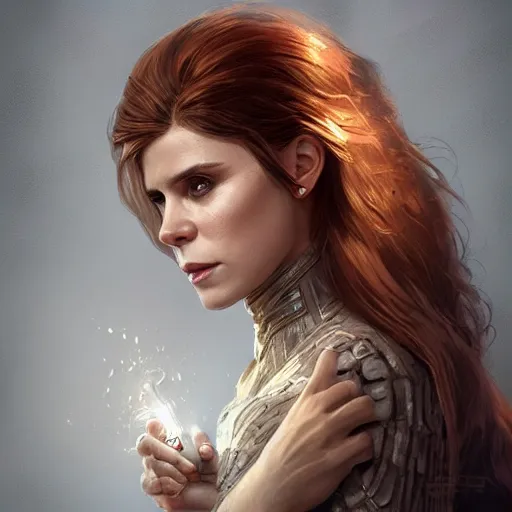 Image similar to a portrait of kate mara as a sorceress, urban motifs, intricate, elegant, highly detailed, digital painting, trending on artstation, concept art, smooth sharp focus, illustration, art by artgerm and greg rutkowski