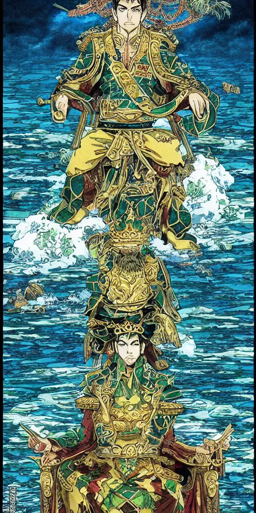 Prompt: a lone emperor sitting on a emerald throne floating on water in the middle of a lake drawn by Makoto Yukimura in the style of Vinland saga anime, full color, detailed, psychedelic, Authority, structure, a father figure, tarot card, The emperor tarot card