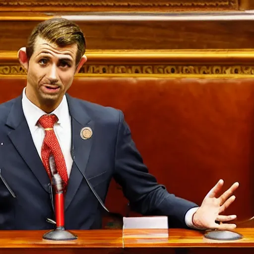 Prompt: a giraffe with a tie and pants on the spanish congressional stage