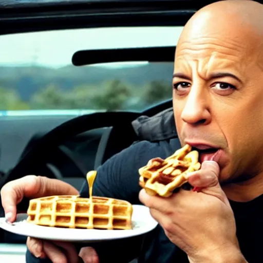 Image similar to movie still of vin diesel eating waffles and pancakes in a car