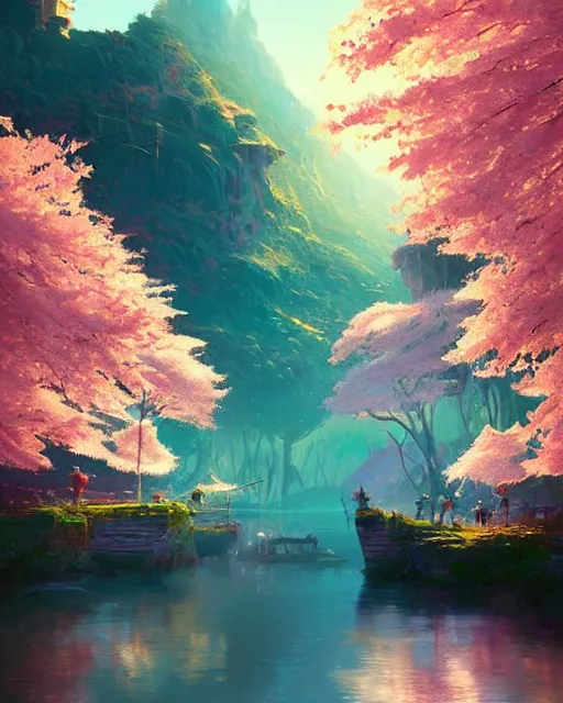 Prompt: river landscape | cherry - blossoms | highly detailed | very intricate | fantasy whimsical magical | soft bright natural morning light | pixar | award - winning | matte painting by anton fadeev and paul lehr and rhads and alena aenami | pastel color palette | featured on artstation