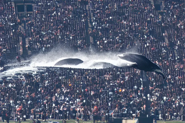 Image similar to a humpback whale flying in the air over an nfl football stadium ultra detailed realistic photograph cinematic lighting