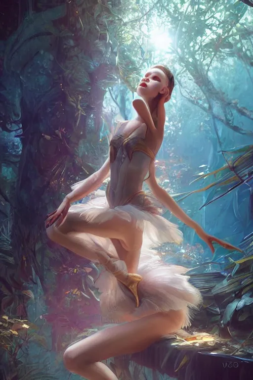 Image similar to stunningly beautiful, cyber prima ballerina in jungle, symmetrical face, golden hour, smooth, focus, highly detailed, hyper realistic, dramatic lighting, elegant, intricate, concept art, art by wlop, mars ravelo, greg rutowski, artstation