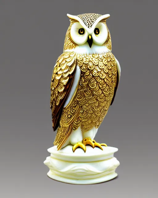 Image similar to gorgeous ornated snow white porcelain realistic detailed sacred owl statue with golden filigree carved out of ivory