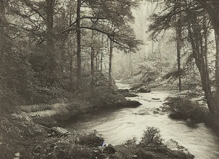 Image similar to Overlook of a river flowing through a tarot card forest, albumen silver print by Timothy H. O'Sullivan.