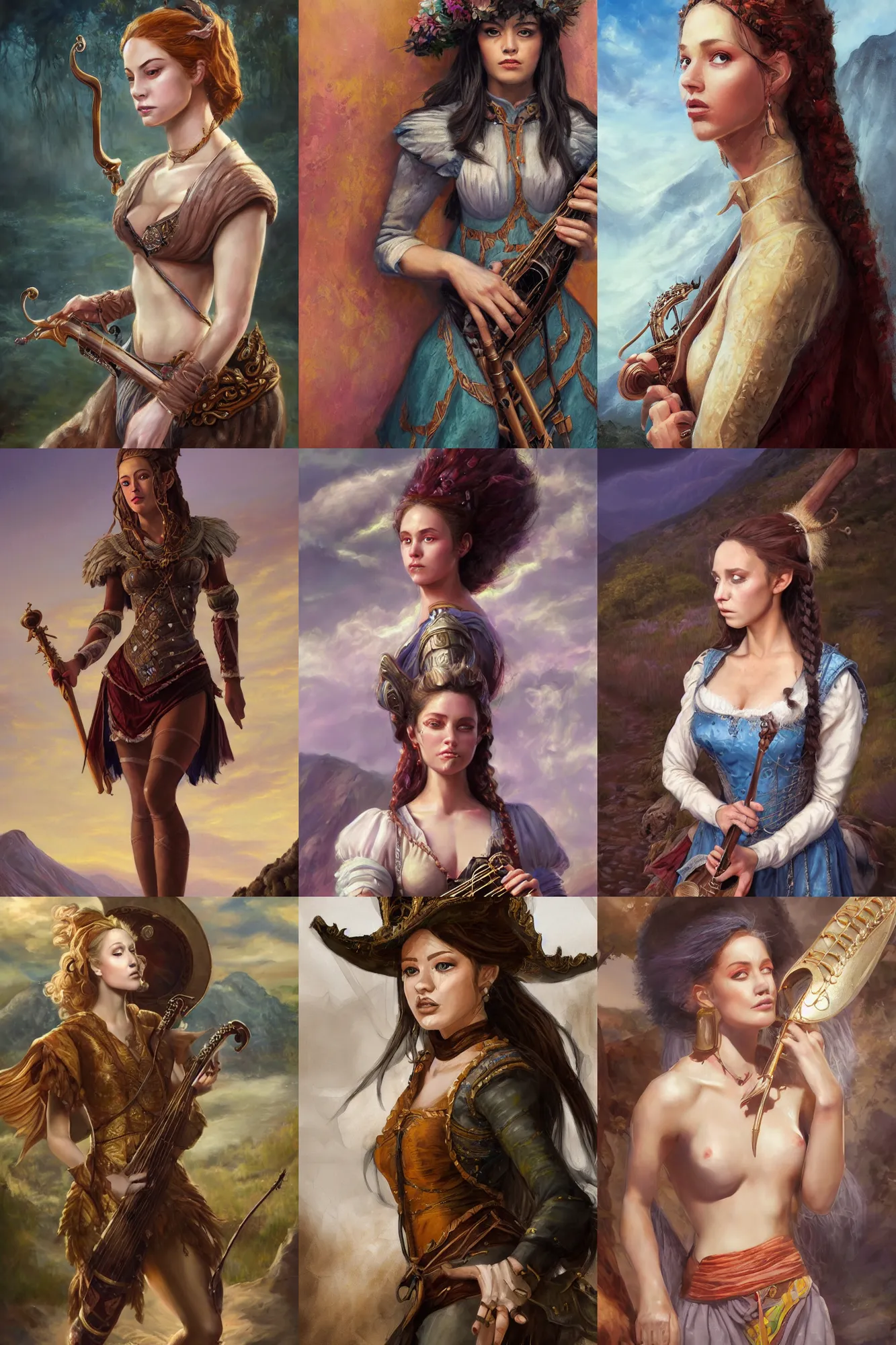 Image similar to a full body high detail fantasy portrait oil painting illustration of a single beautiful sophisticated bard woman by justin sweet with face and body clearly visible, in a scenic background, pupils visible, realistic proportions, d & d, rpg, forgotten realms, artstation trending, high quality, sombre mood, artstation trending, muted colours, entire person visible!