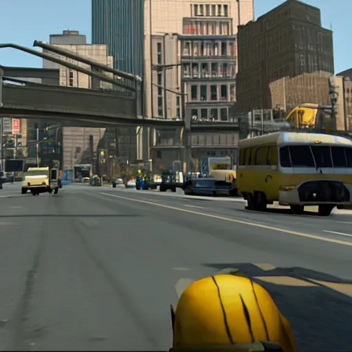 Prompt: screenshot from Grand Theft Auto showing a giant minion attacking the city