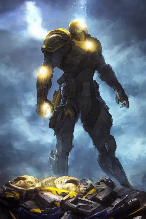 Image similar to a distant shot of a super soldier with blue and yellow flag and standing alone on a huge pile of human skulls as a winner, masculine figure, D&D, fantasy, bright hopeful atmosphere, volumetric lights, beam of bright light through the clouds, intricate, elegant, highly detailed, extremely detailed, digital painting, artstation, concept art, matte, smooth, sharp focus, hyper realistic, illustration, art by Artgerm and Greg Rutkowski and Alphonse Mucha