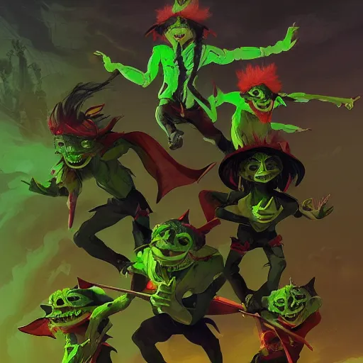 Image similar to a pack of green goblins doing the dance of pain, a fantasy art, hd, trending on artstation, by rhands, makoto shinkai, ilya kuvshinov