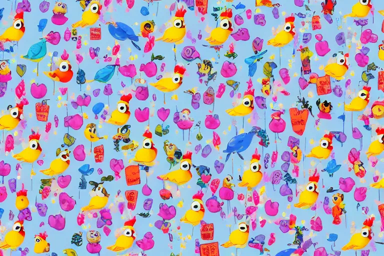 Prompt: cartoon of a thousand happy birds, from a disney animated film