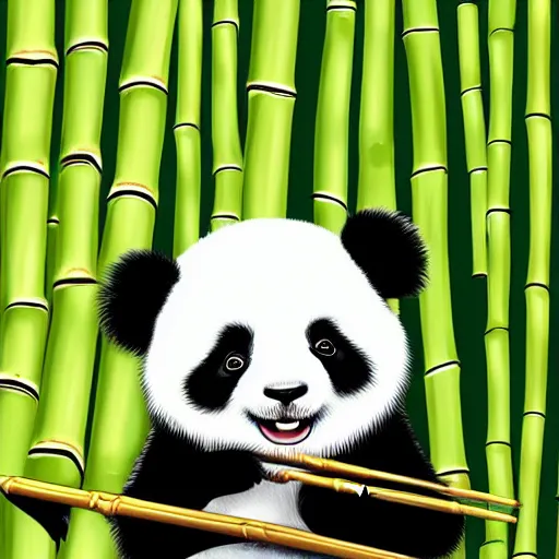 Image similar to a cute panda playing the wooden flute, in a bamboo forest. Digital art trending on art station