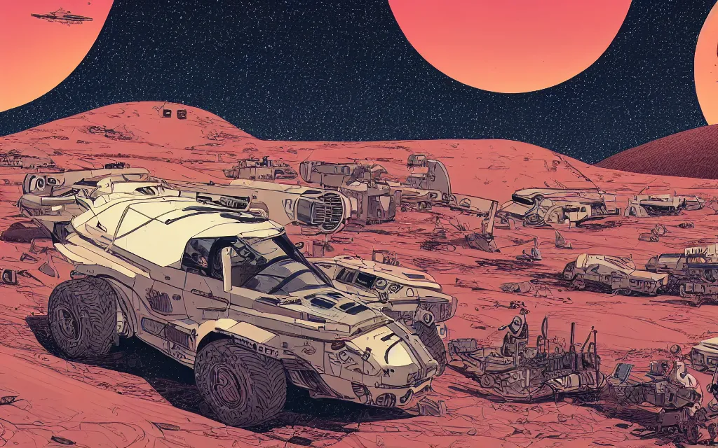 Prompt: very detailed, prophet graphic novel, ilya kuvshinov, mcbess, rutkowski, simon roy, illustration of a massive space ship on a desert planet, wide shot, colorful, astrophotography