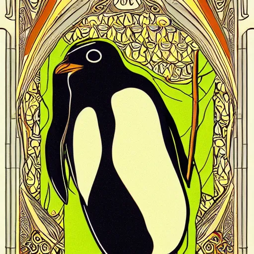 Prompt: powerful penguin in the style of art nouveau. lively. colorful. hd.