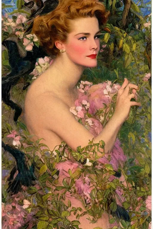 Image similar to Grace Kelly explaining the birds and the bees in the style of Gaston Bussière, art nouveau, art deco